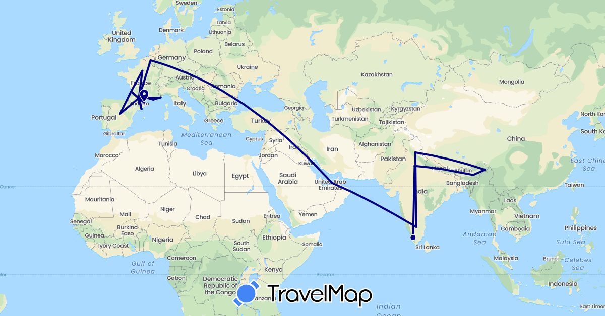 TravelMap itinerary: driving in Andorra, United Arab Emirates, Belgium, Spain, France, India, Monaco (Asia, Europe)